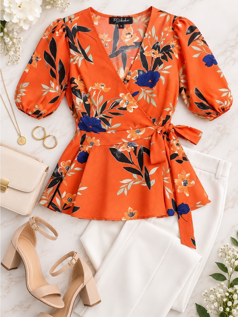 RD Koko Orange Floral Wrap Peplum Blouse Size S